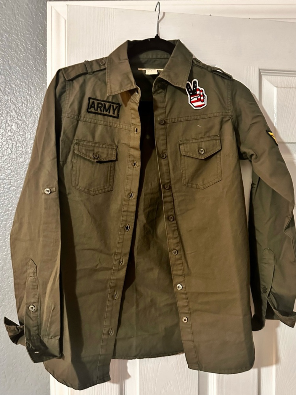 Olive Green Military-Style Button-Up Shirt Jacket